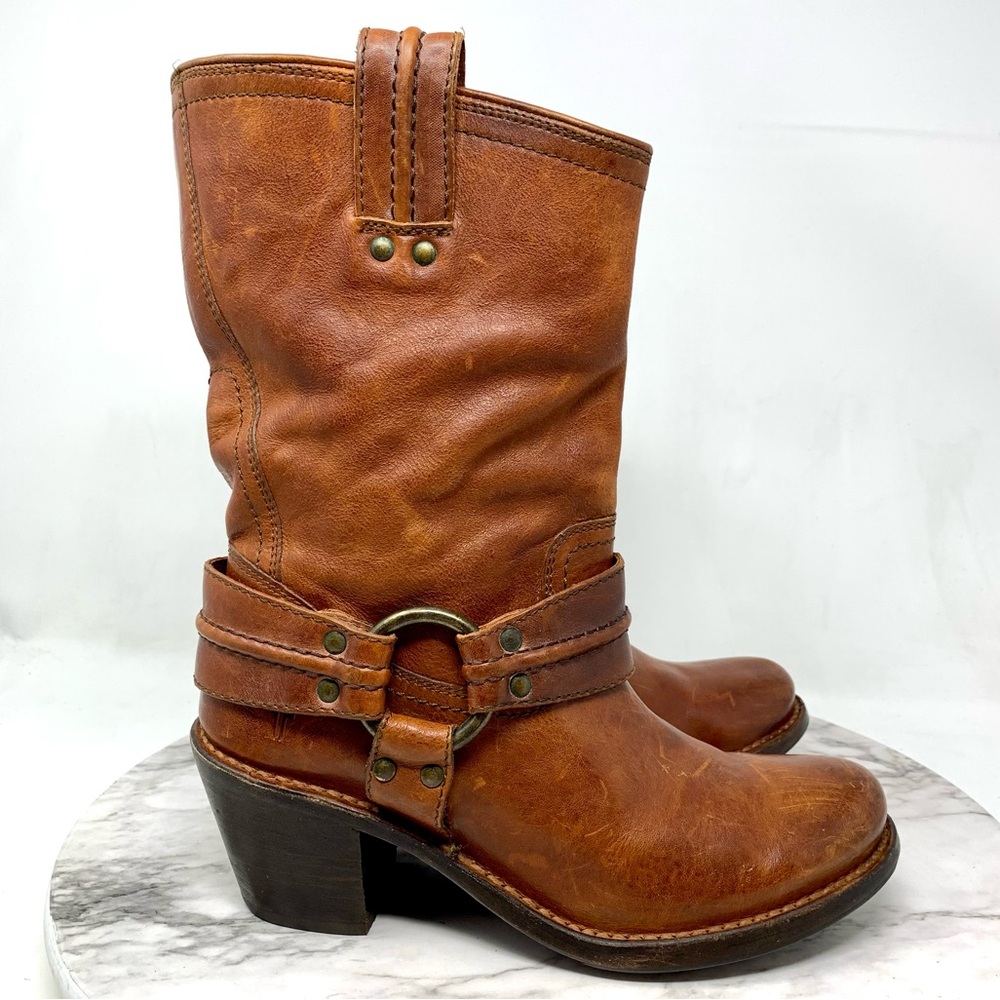 Frye Carmin Harness Short Brown Leather Boots 6 Boho Moto Whimsigoth Festival - Picture 2 of 16